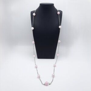 Pink Crackle Glass Long Opera Feminine Statement Chain Necklace Handmade Jewelry